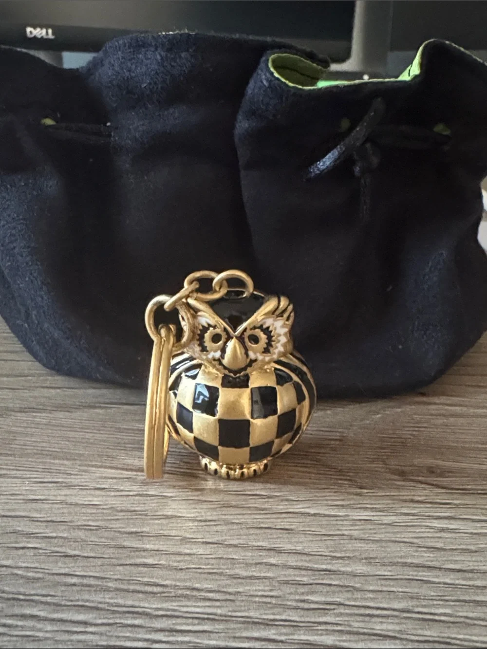 Mackenzie Childs Gold-tone Owl Keychain with Black Enamel Check Accent